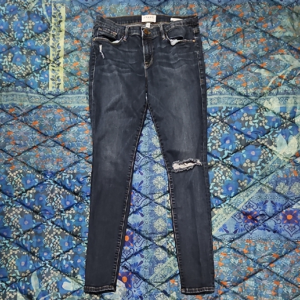 Frame Denim Dark Blue Distressed Skinny Jeans
